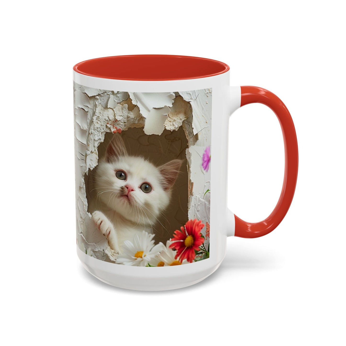 Peek-A-Boo Kitten Accent Coffee Mug — Cute Cat Floral Design (11/15oz)