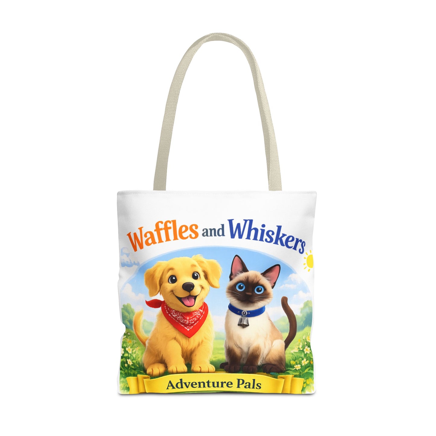Waffles & Whiskers Adventure Pals Tote Bag — Cute Puppy and Kitten Kids Book Design