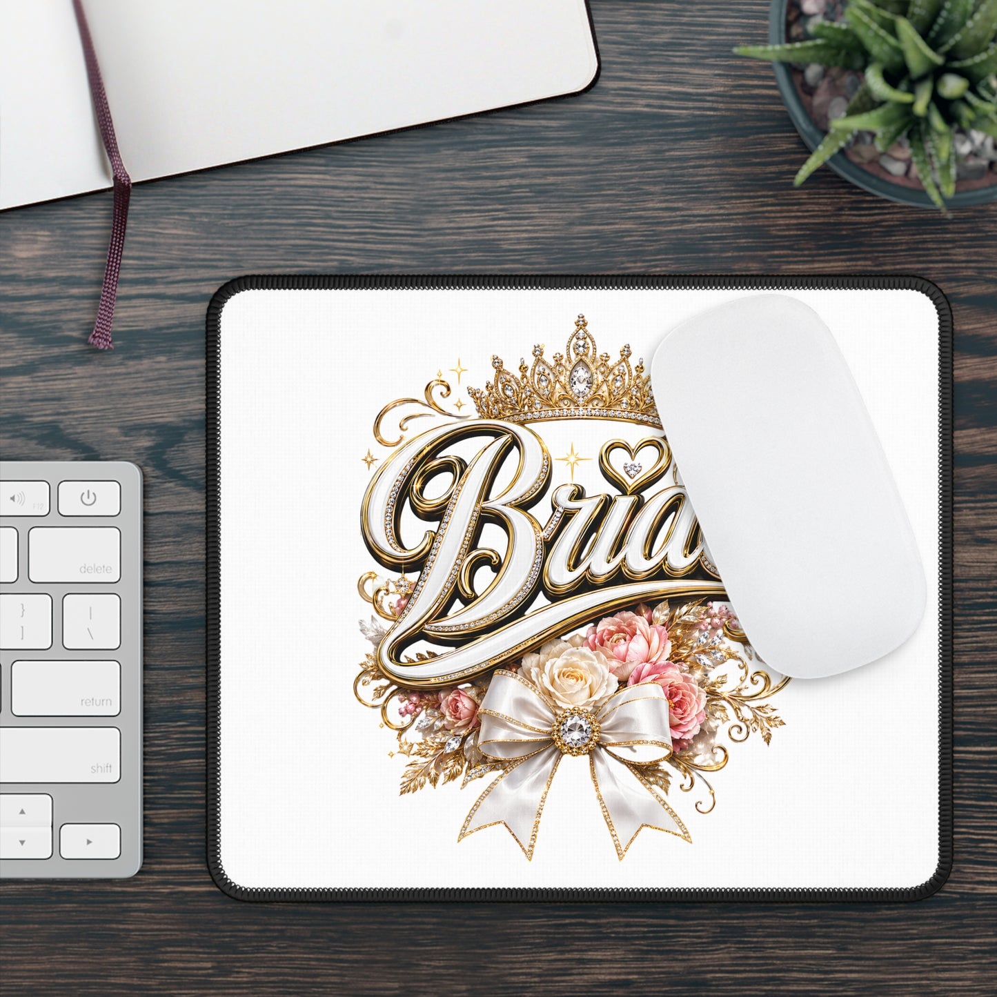 Bride Gaming Mouse Pad — Elegant Gold Crown, Floral & Ribbon Bridal Desk Mat