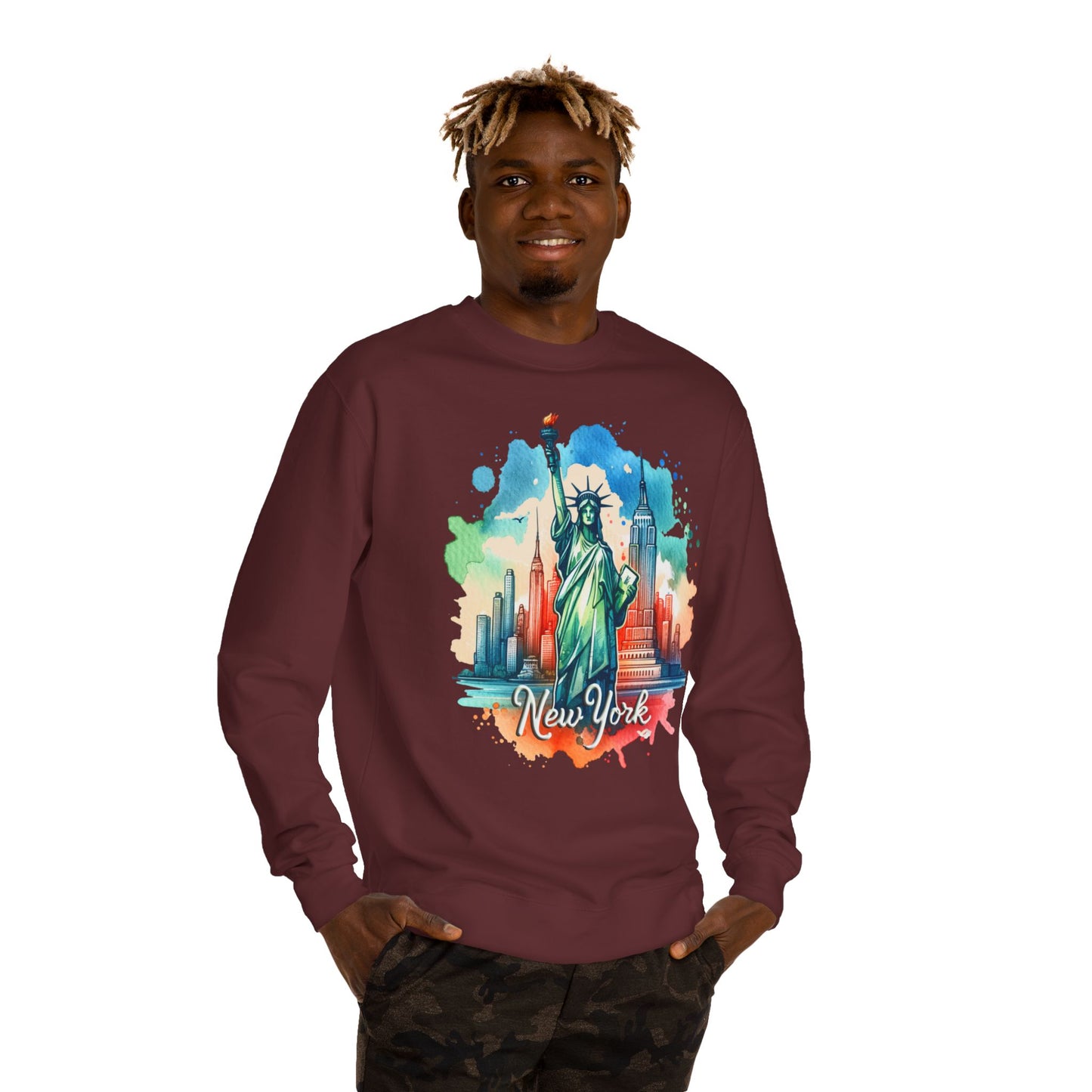 New York Skyline Sweatshirt — Colorful Statue of Liberty Cityscape Crewneck