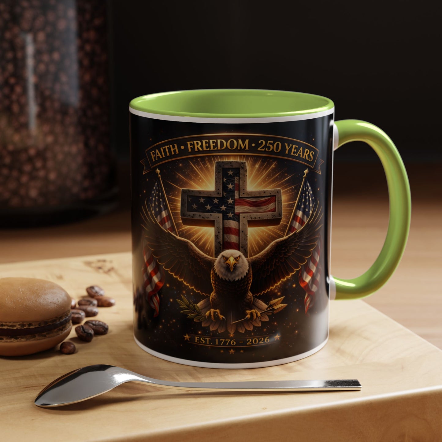 Patriotic Faith & Freedom Accent Coffee Mug — Eagle, Cross & American Flag (1776–2026)