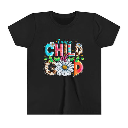 Youth Tee — "I Am a Child of God" Floral Christian Graphic