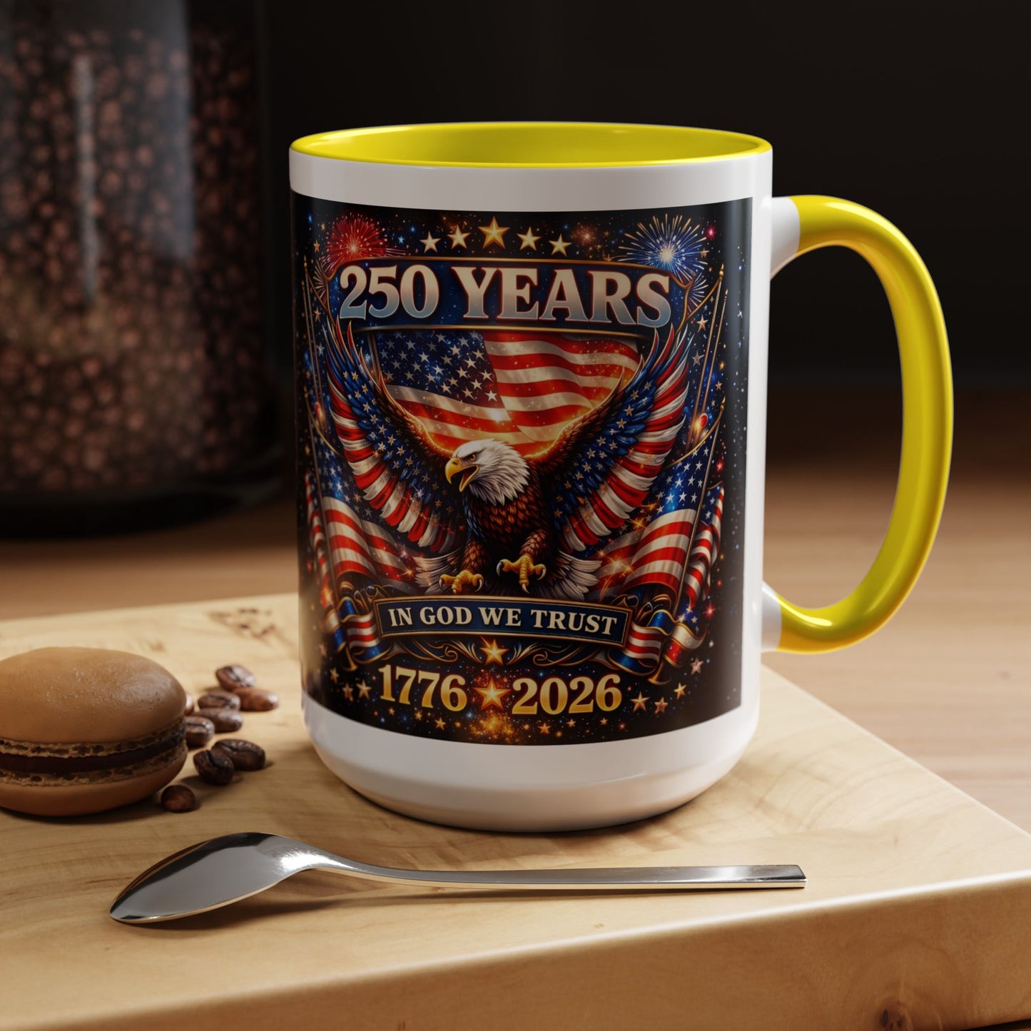 250 Years Patriotic Coffee Mug — In God We Trust 1776–2026