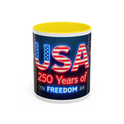 USA 250 Years of Freedom Accent Coffee Mug — Patriotic 1776–2026 Fireworks Design (11/15oz)