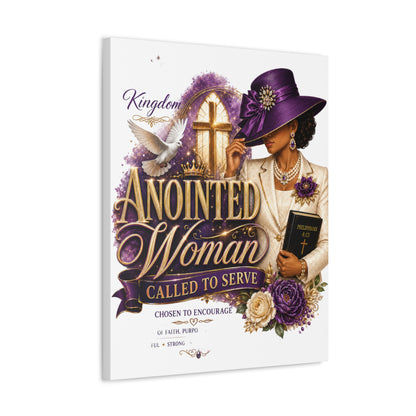 Anointed Woman Stretched Canvas — "Called to Serve" Faith Wall Art (Purple Hat & Bible)