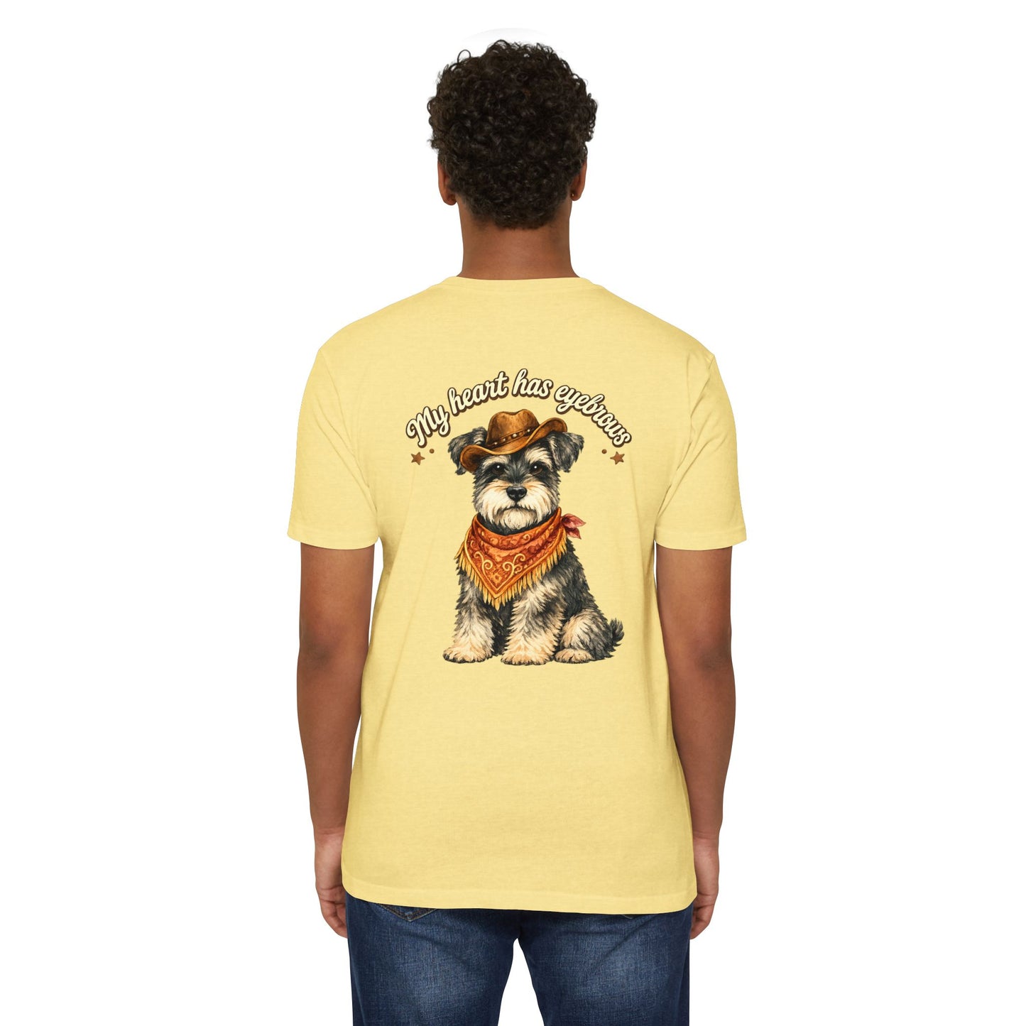 Schnauzer Cowboy T-Shirt — "My Heart Has Eyebrows" Cute Dog Graphic Tee