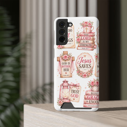 Christian Floral Phone Case with Card Holder — 'Jesus Saves' Inspirational Design