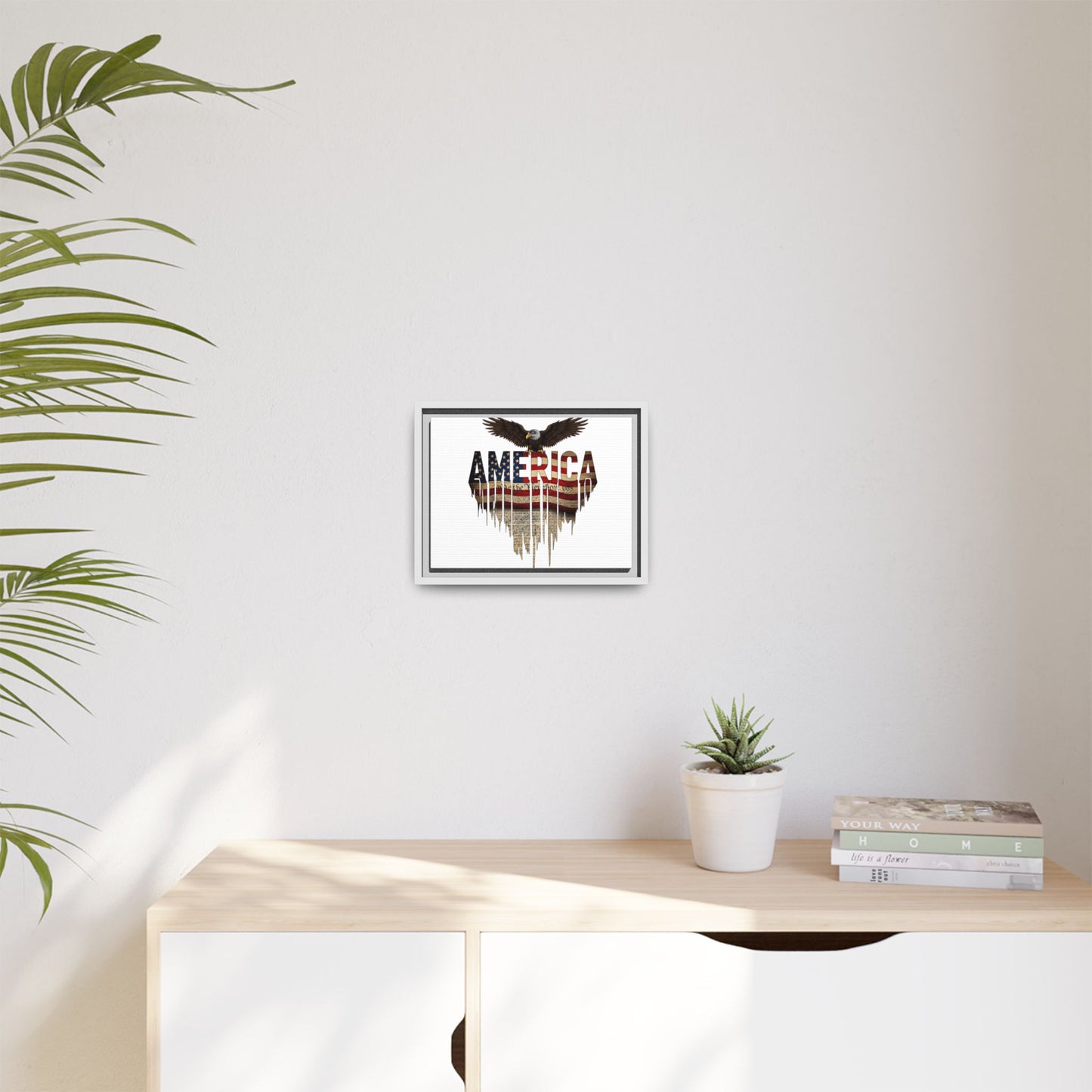 America Eagle Matte Canvas Framed Wall Art — Patriotic USA Flag Typography Print