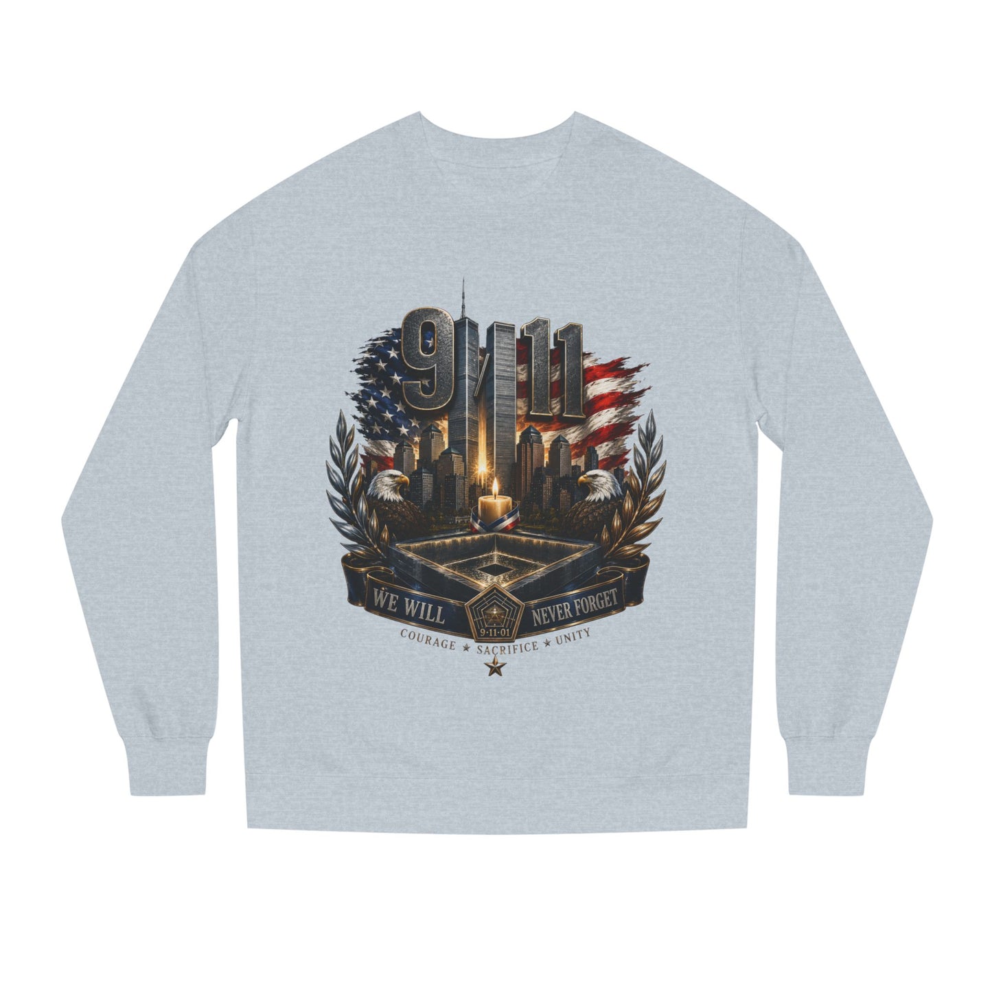 9/11 Memorial Crewneck Sweatshirt — We Will Never Forget Tribute