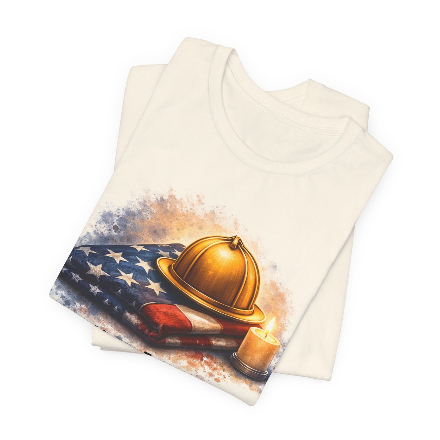 Never Forget Memorial T‑Shirt — Firefighter Helmet & Flag Tribute