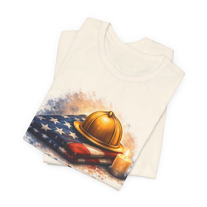 Never Forget Memorial T‑Shirt — Firefighter Helmet & Flag Tribute