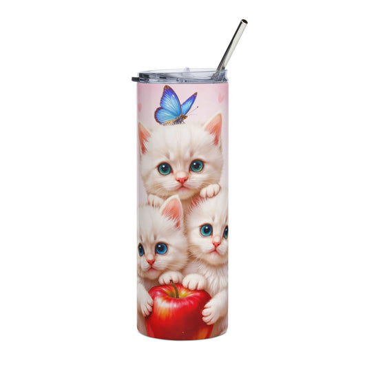 20oz Cute Kittens Stainless Steel Tumbler — Pink Cat, Apple & Butterfly Travel Cup