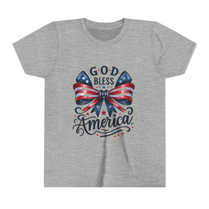 Youth Tee — "God Bless America" Patriotic Bow T-Shirt (4th of July, Memorial Day)