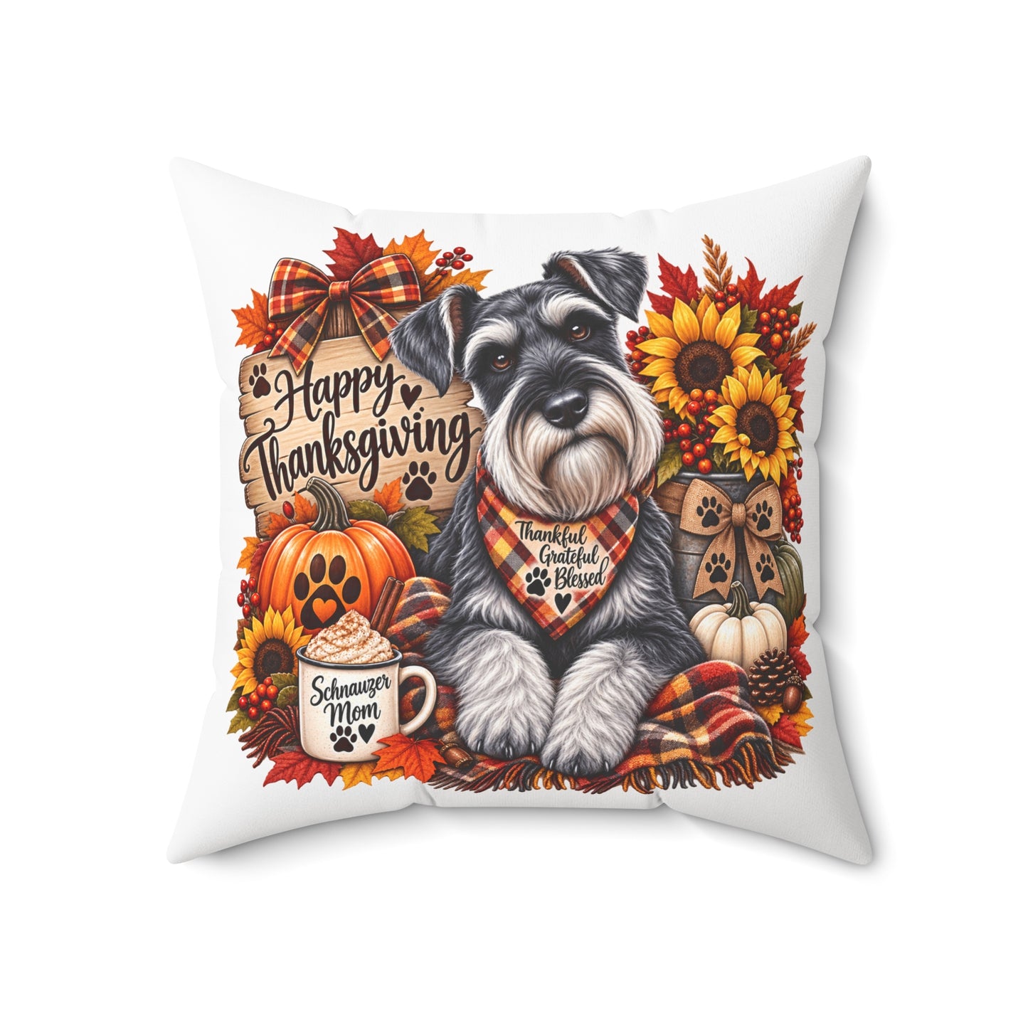 Happy Thanksgiving Schnauzer Pillow — Fall Decor Square Cushion