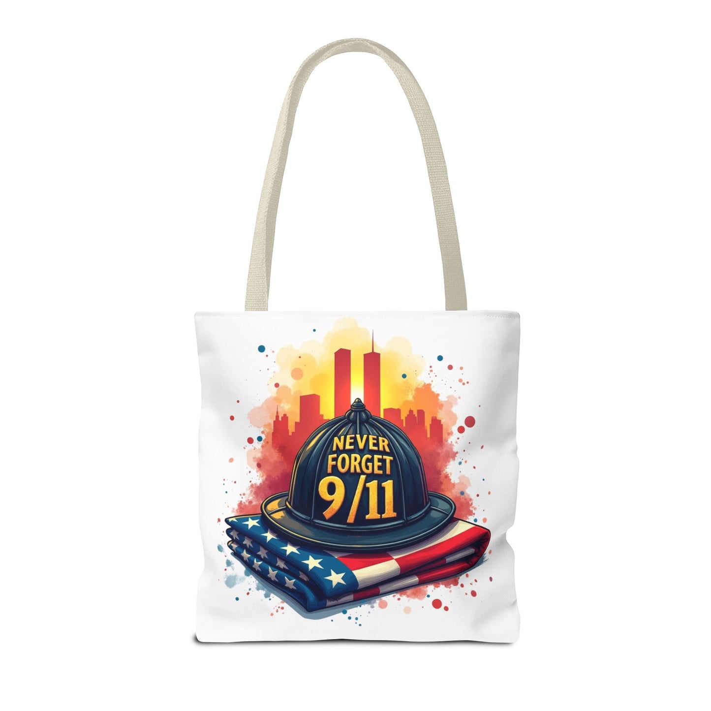 Never Forget 9/11 Memorial Tote Bag — Firefighter Helmet & Flag Tribute