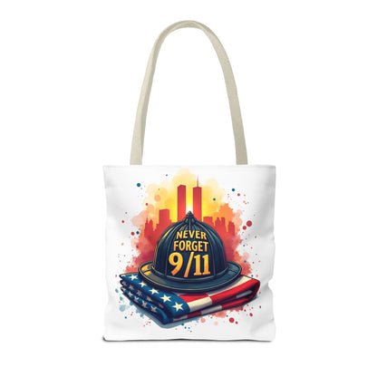 Never Forget 9/11 Memorial Tote Bag — Firefighter Helmet & Flag Tribute