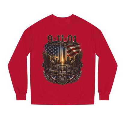 9/11 Memorial Sweatshirt - ‘We Will Never Forget’ Tribute Crewneck with Twin Towers & Flag