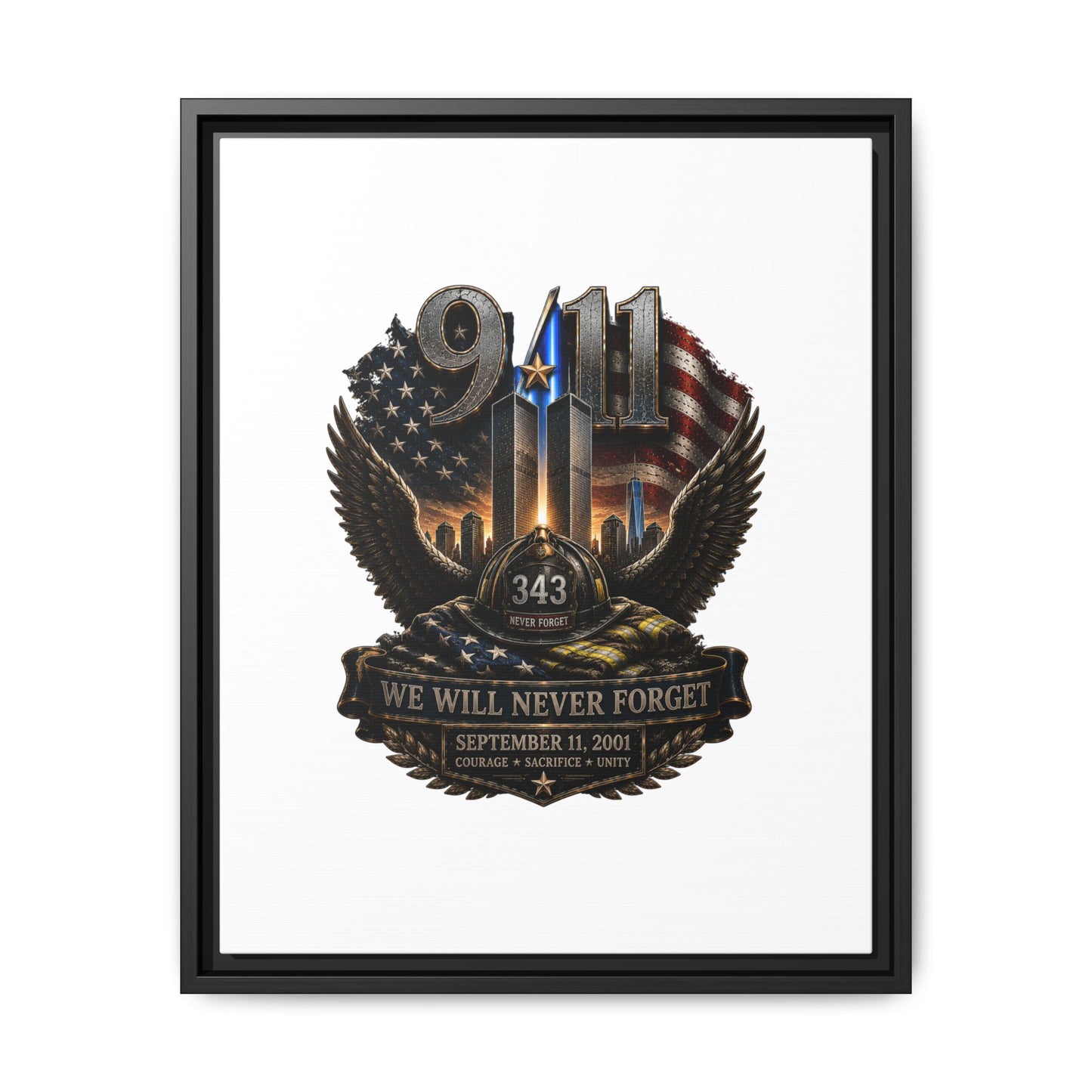 9/11 Memorial Matte Canvas Print — "We Will Never Forget" Framed Tribute