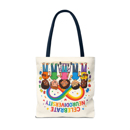 Celebrate Neurodiversity Tote Bag — Rainbow Infinity Symbol with Diverse Kids