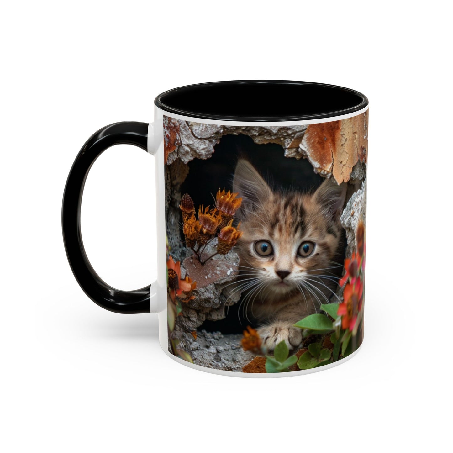 Cute Kitten Peek Accent Coffee Mug — Tabby Cat Floral 11/15oz