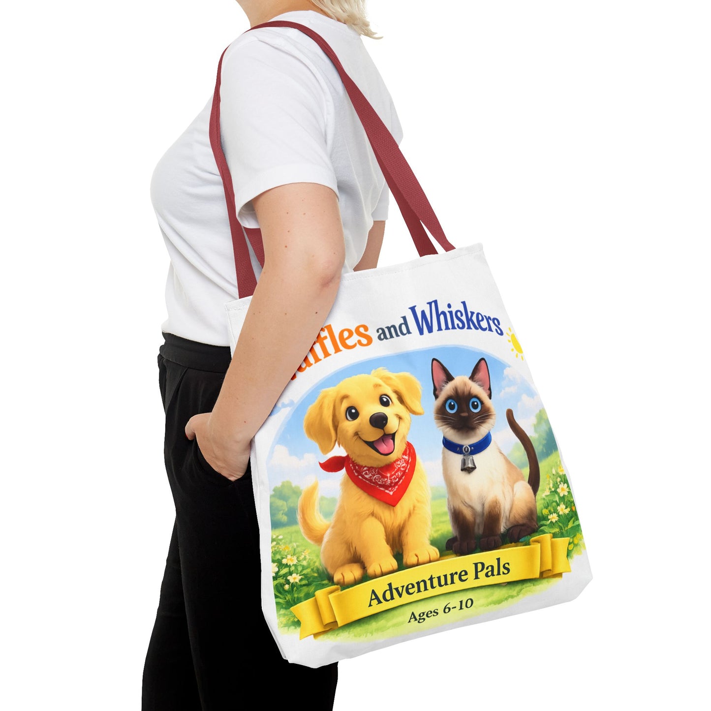Waffles & Whiskers Adventure Pals Tote Bag — Cute Puppy and Kitten Kids Book Design