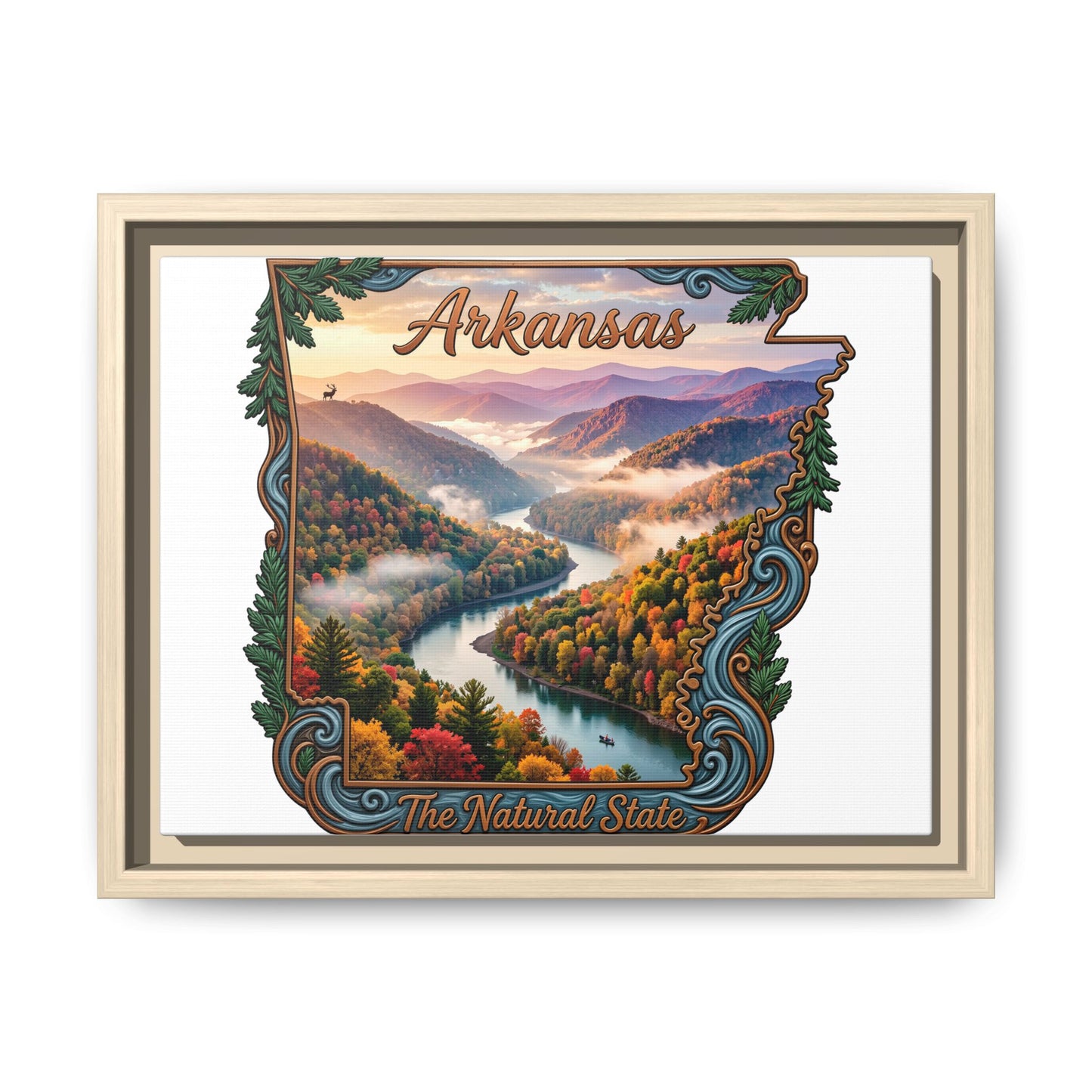 Arkansas Scenic State Map Canvas — "The Natural State" Framed Wall Art