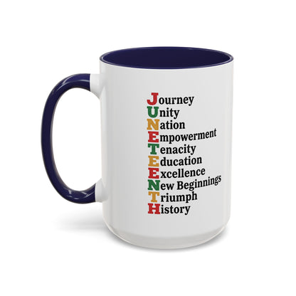 Juneteenth Acronym Accent Coffee Mug – Journey Unity Nation Empowerment (11/15oz)