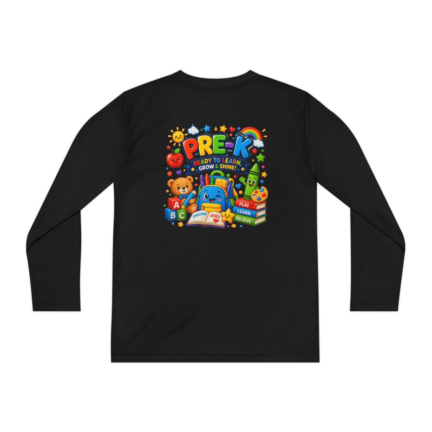 PRE-K Kids Long Sleeve Tee — Back-to-School Preschool Shirt ("Ready to Learn, Grow & Shine")