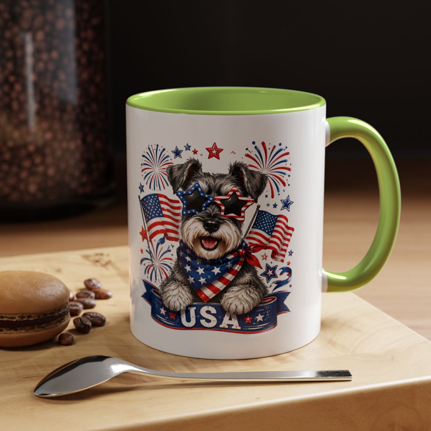 Patriotic Schnauzer Coffee Mug – USA Flag, Fireworks Accent Mug (11/15oz)