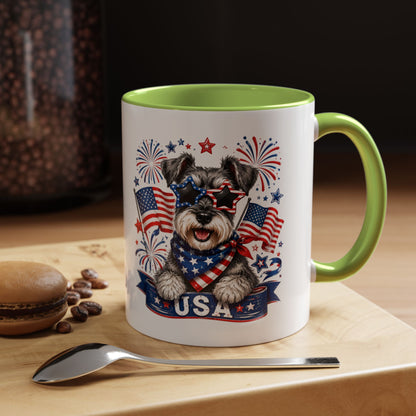 Patriotic Schnauzer Coffee Mug – USA Flag, Fireworks Accent Mug (11/15oz)