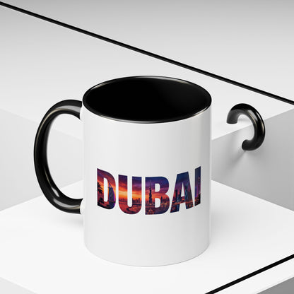 Dubai Skyline Accent Coffee Mug — Sunset City Photo Text (11/15oz)
