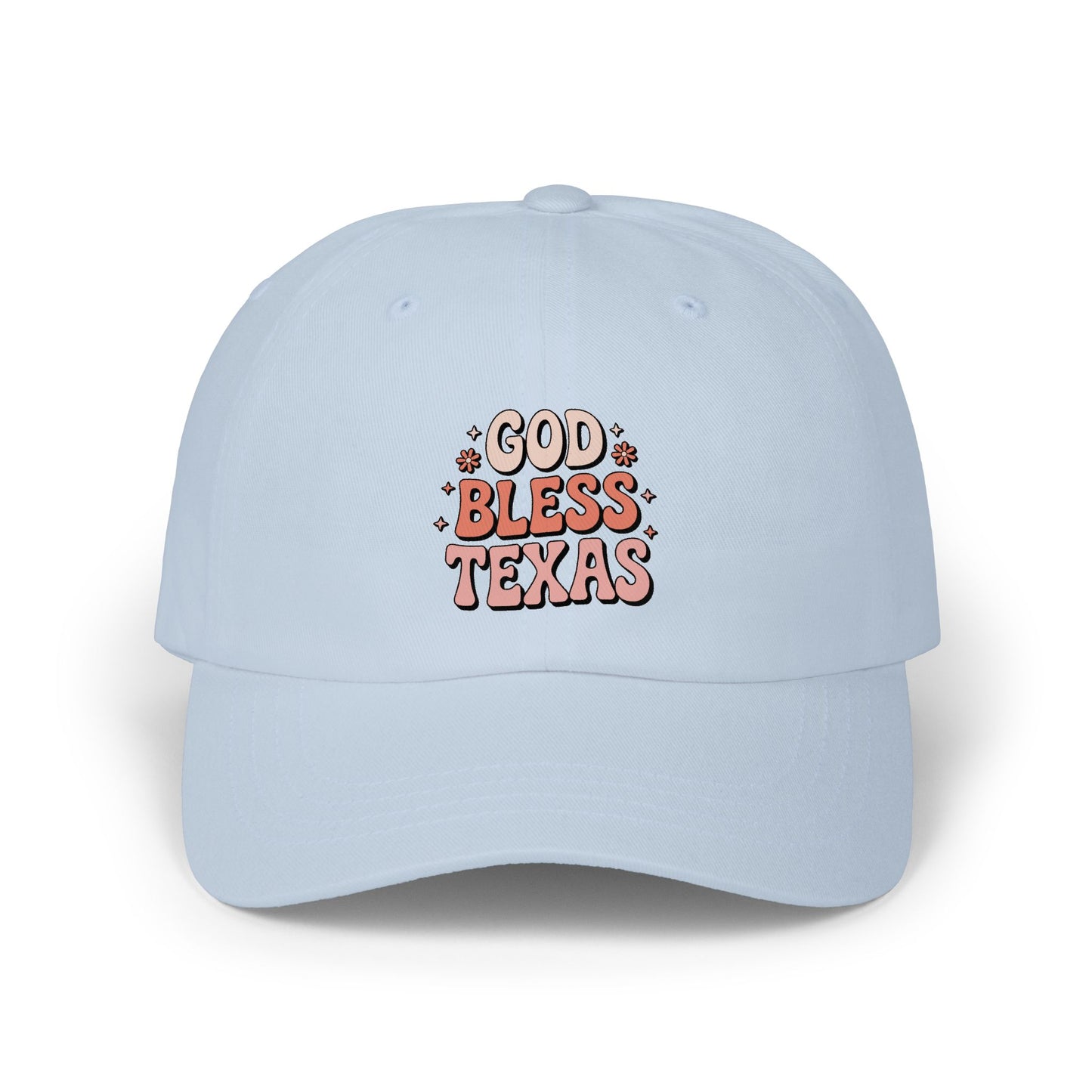 God Bless Texas Dad Cap — Retro Script Embroidered Baseball Hat