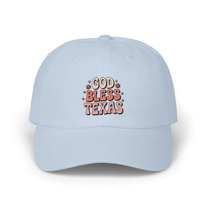 God Bless Texas Dad Cap — Retro Script Embroidered Baseball Hat
