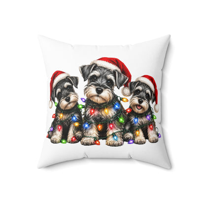 Schnauzer Puppies Christmas Pillow - Holiday Dogs with Santa Hats & String Lights Decorative Pillow