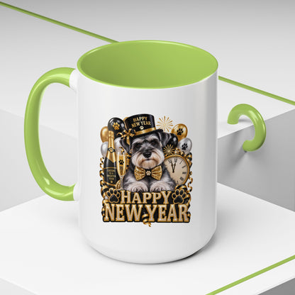 Happy New Year Dog Coffee Mug — Festive Black & Gold 11/15oz Accent Mug