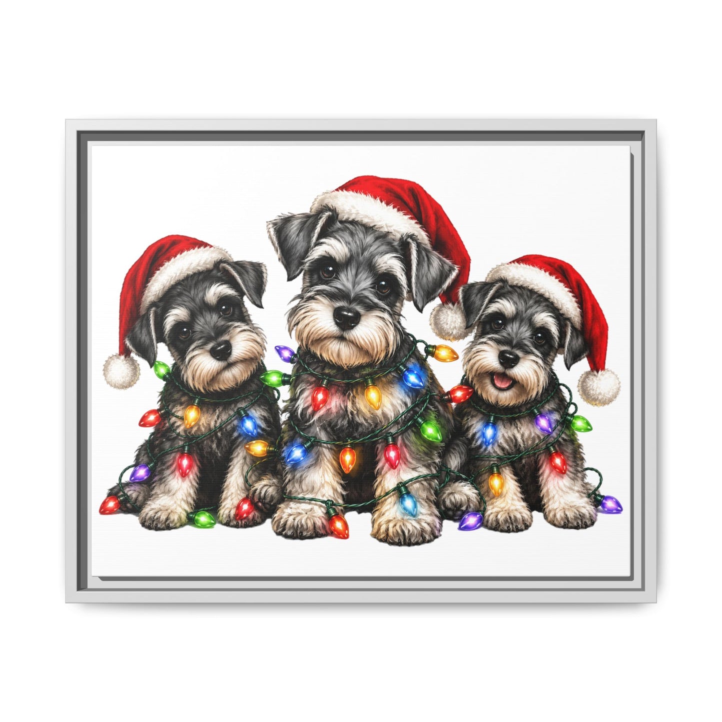 Christmas Schnauzer Canvas Print — Festive Puppies in Santa Hats (Matte Framed)