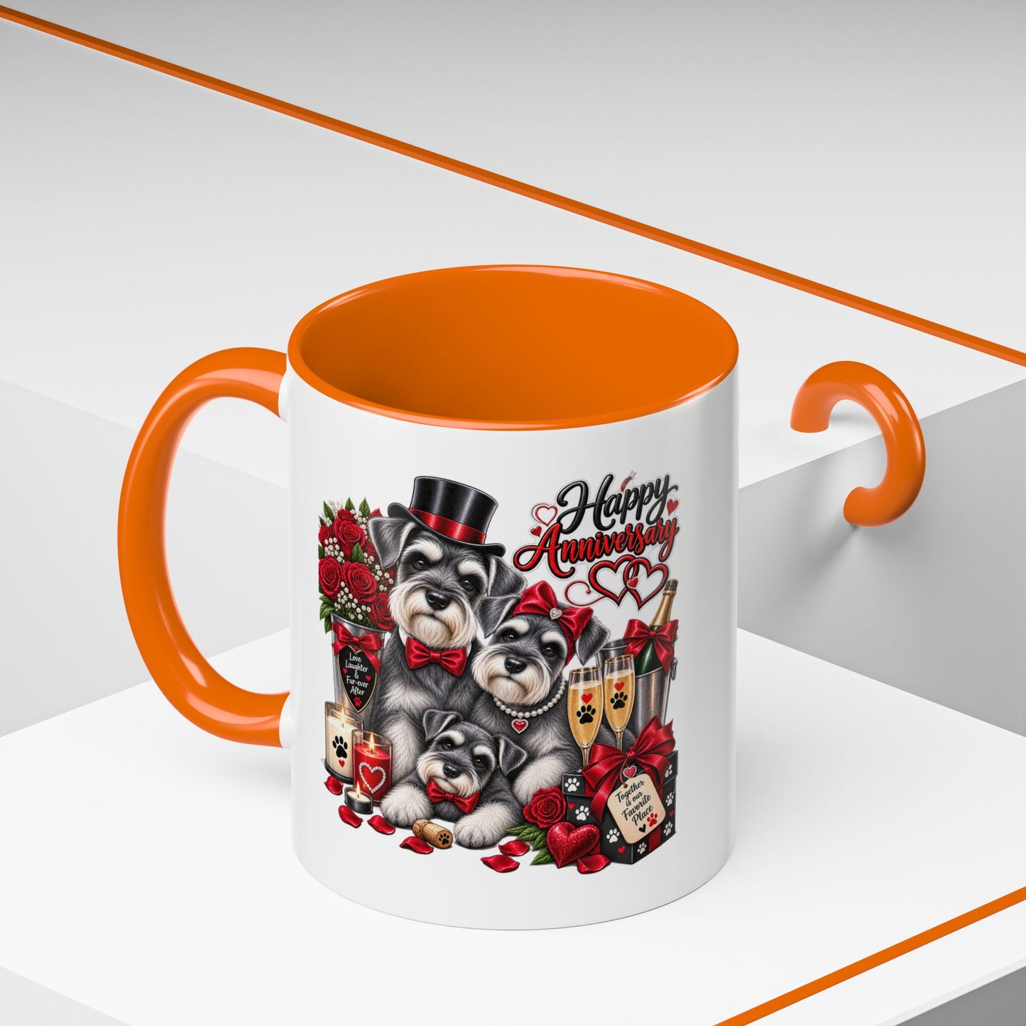 Happy Anniversary Dog Coffee Mug — Cute Pups, Champagne & Roses Accent Mug