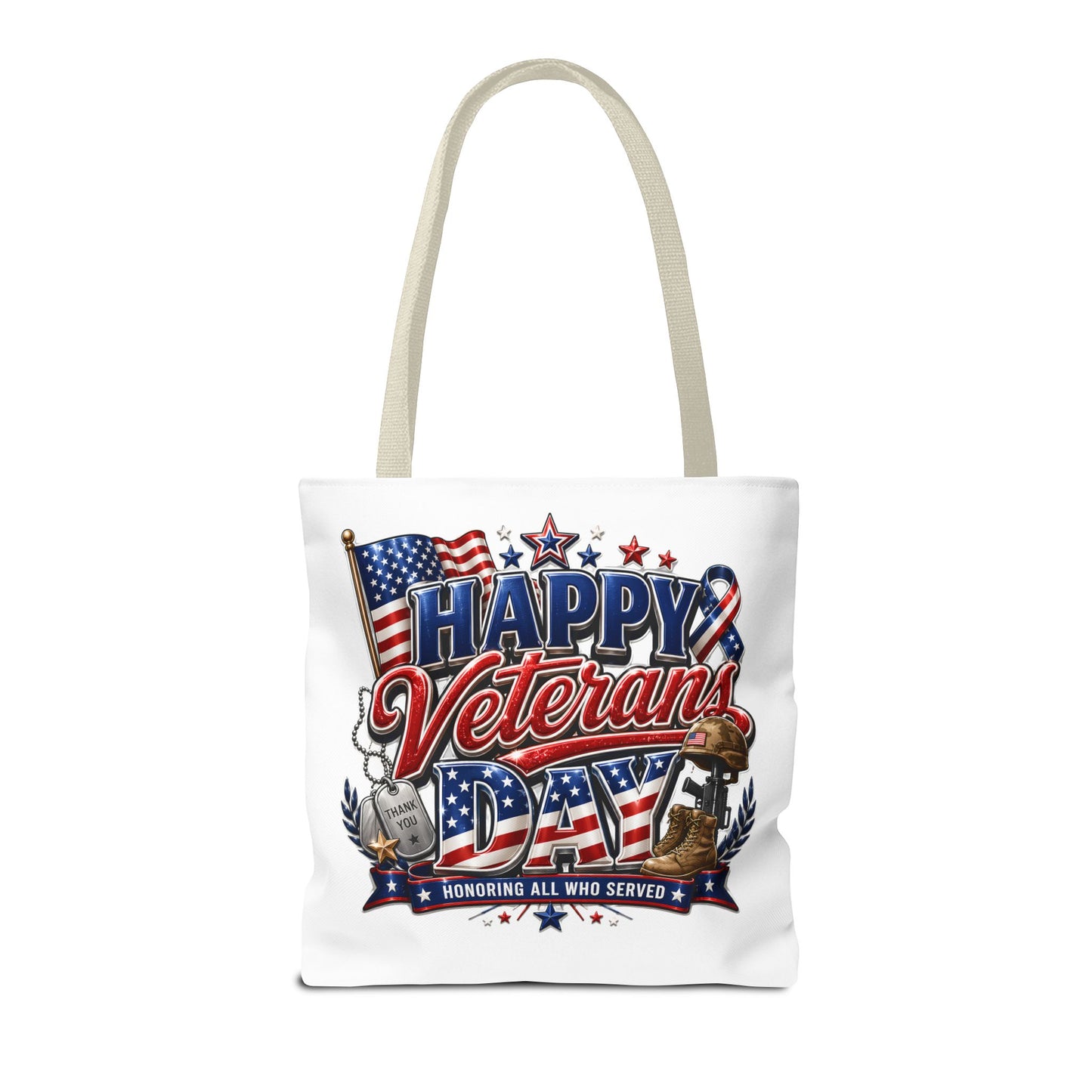 Veterans Day Tote Bag — "Happy Veterans Day" Patriotic All-Over Print