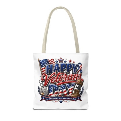 Veterans Day Tote Bag — "Happy Veterans Day" Patriotic All-Over Print