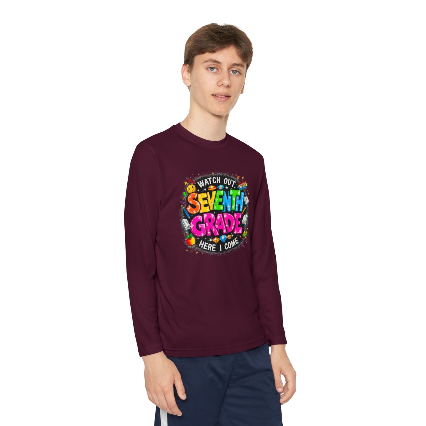 Seventh Grade Youth Long Sleeve Tee — "Watch Out Seventh Grade Here I Come" Back-to-School Shirt