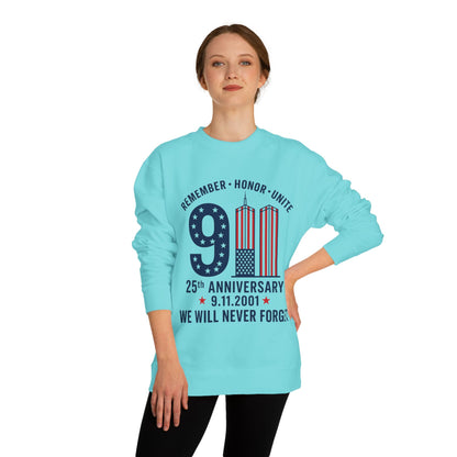 9/11 Remembrance Crewneck Sweatshirt — 25th Anniversary "We Will Never Forget"