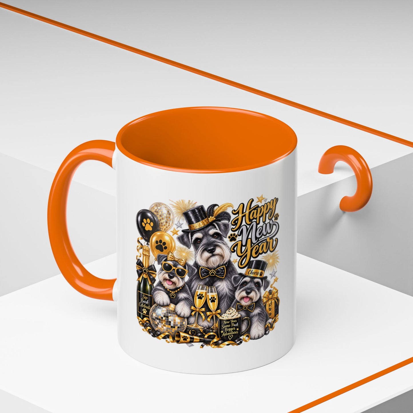 Happy New Year Schnauzer Coffee Mug — Festive Dog New Year Accent Mug (11/15oz)