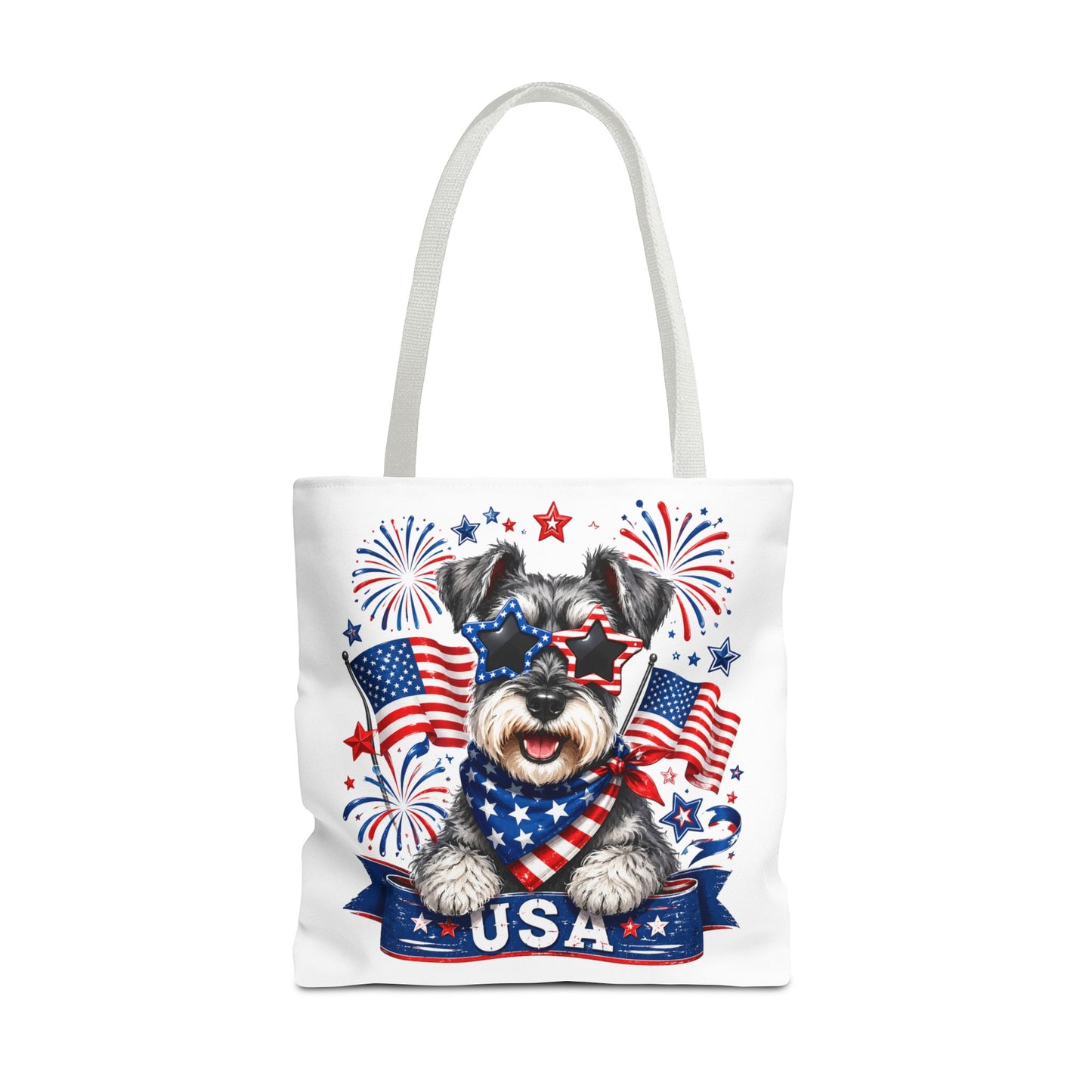 Patriotic Schnauzer Tote Bag — USA Flag Fireworks All-Over Print