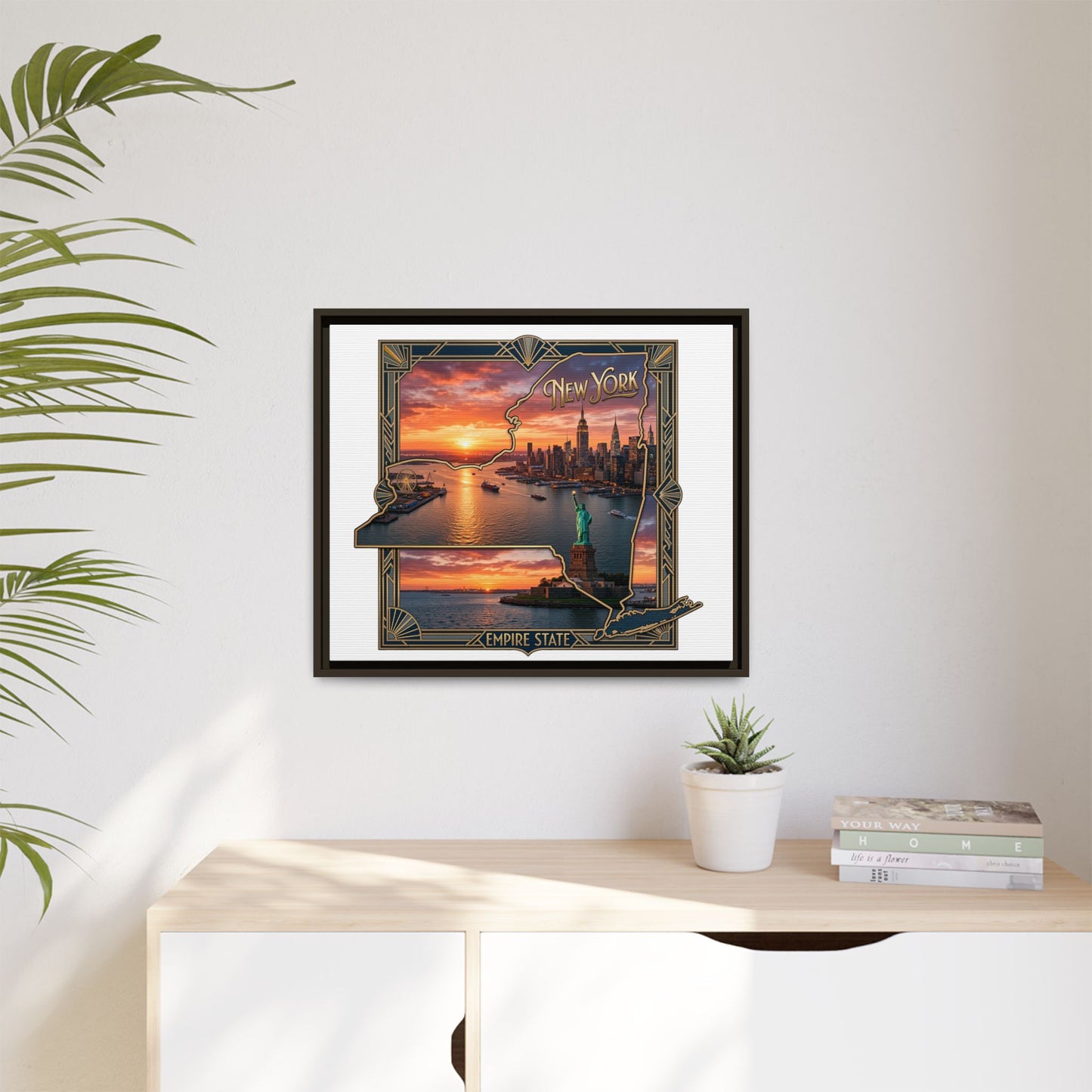 Framed Matte Canvas Wall Art — New York City Sunset Skyline with Statue of Liberty