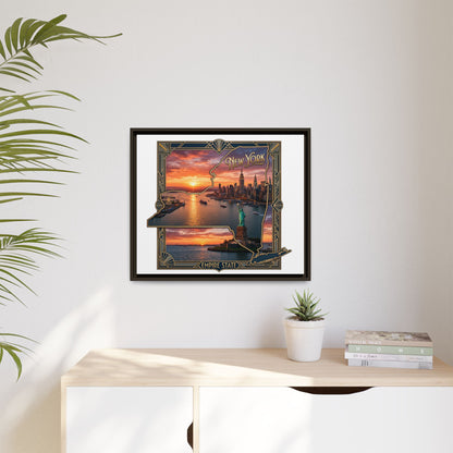 Framed Matte Canvas Wall Art — New York City Sunset Skyline with Statue of Liberty