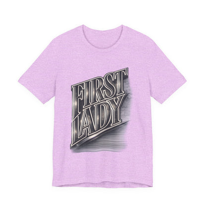 First Lady Graphic Tee — Retro Metallic Script Short Sleeve Shirt