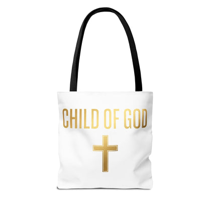 Child of God Tote Bag — Gold Cross Religious Canvas Tote