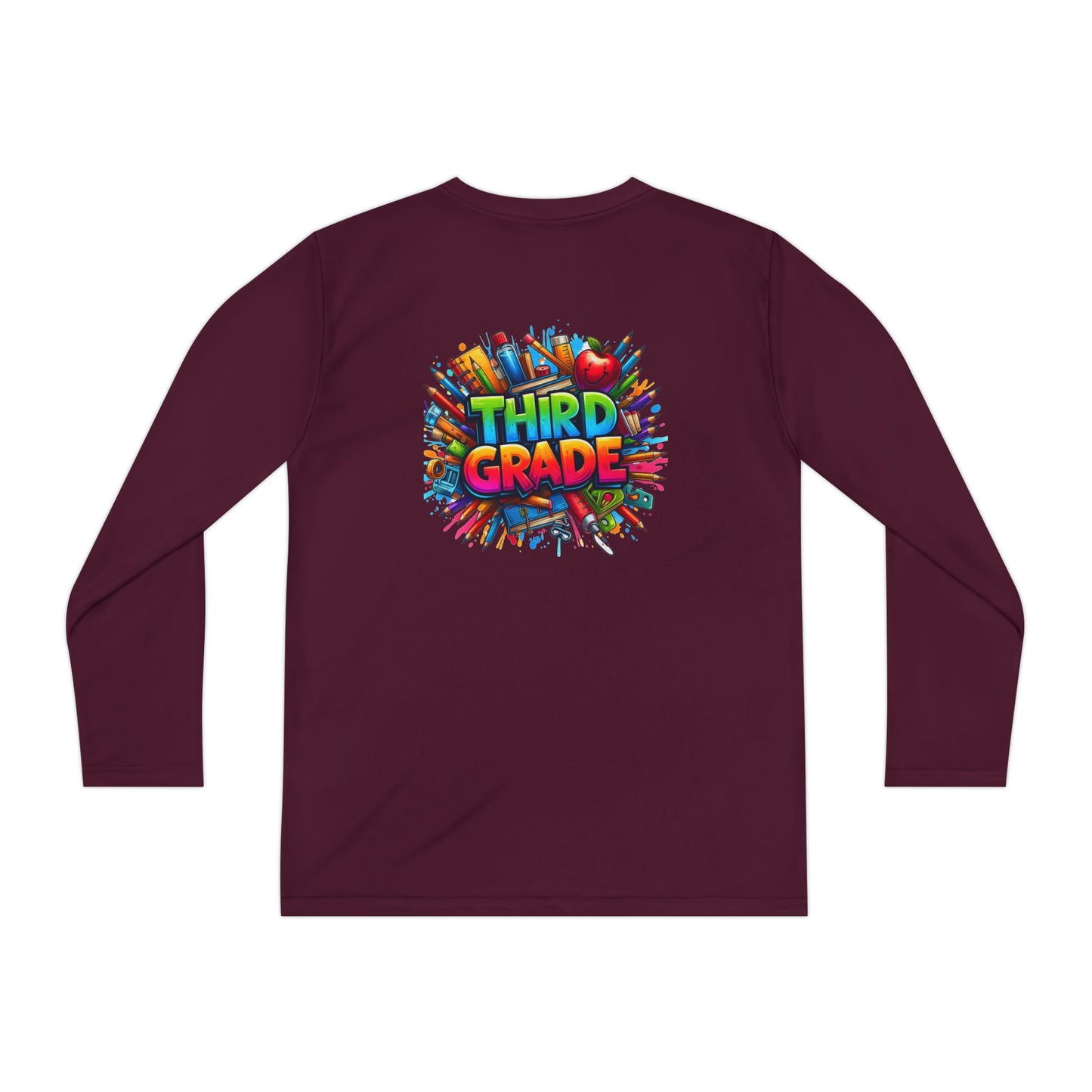 Third Grade Youth Long Sleeve Tee — Colorful School Supplies Design