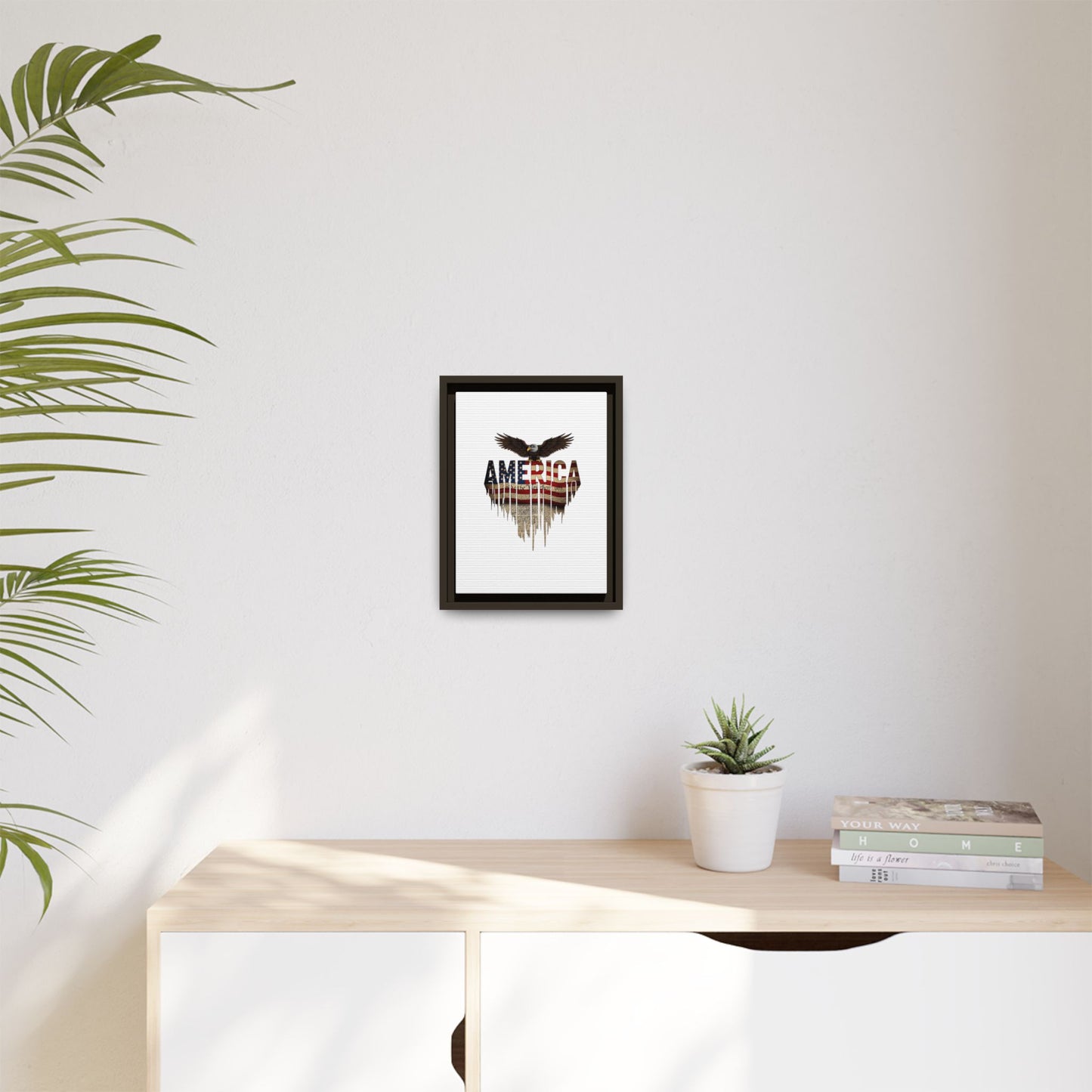 America Eagle Matte Canvas Framed Wall Art — Patriotic USA Flag Typography Print