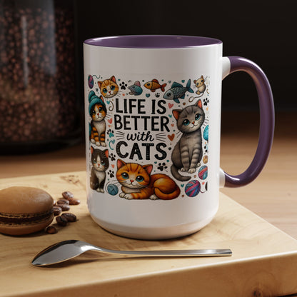Life Is Better With Cats Accent Coffee Mug – Cute Kitten Ceramic Tea Cup (11/15oz)